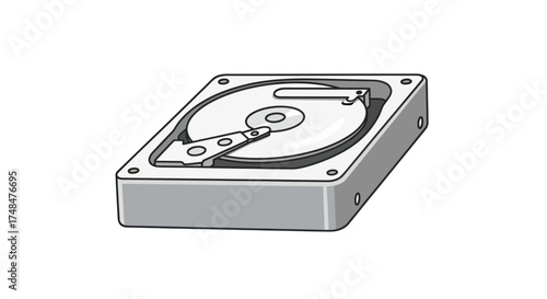 Detailed illustration of an open computer hard disk drive.