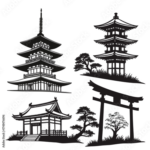 Black silhouette Japanese temples and torii gate pagoda