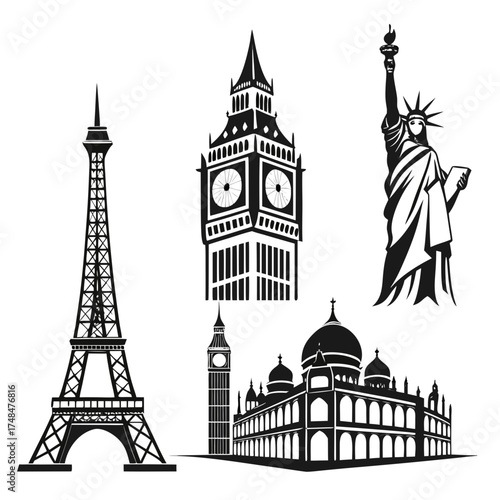 Black silhouette vector designs of famous landmarks