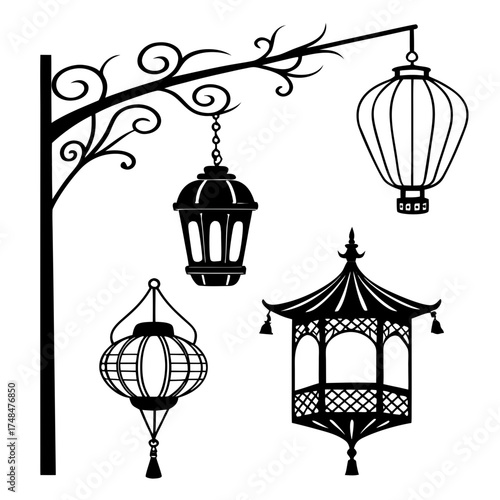 Black silhouette vector designs of lanterns and gazebo