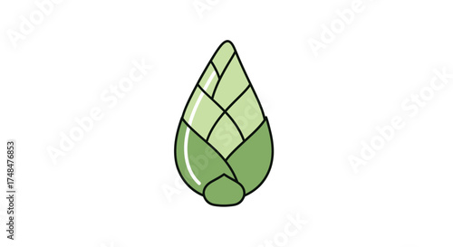 A simple cartoon illustration of a green bamboo shoot with layered leaves.