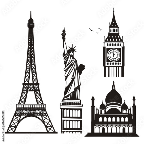 Black silhouettes of famous global landmarks eiffel tower