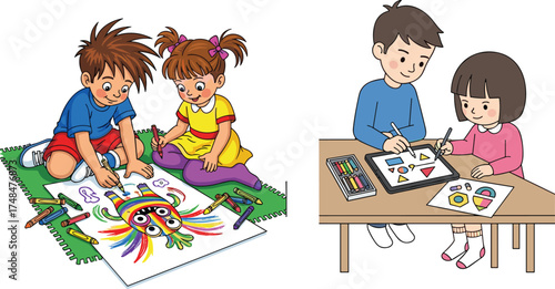 Children drawing, kids coloring, creative learning, teamwork, art education, school activity, crayons, shapes, fun classroom, early childhood development, imagination, collaboration