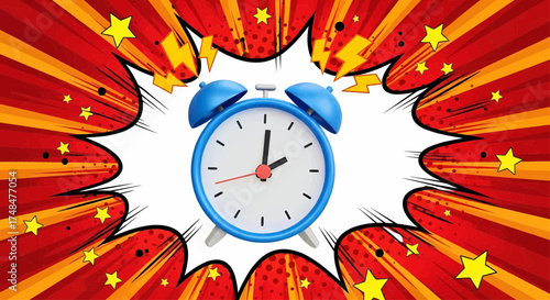 Ringing alarm clock in a pop art comic style, a wake up concept with dynamic motion and a retro explosion background