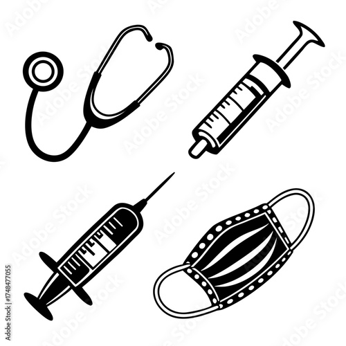 Four black medical icons stethoscope syringe mask medical mask