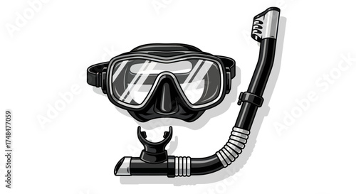A detailed black and white illustration of a scuba diving mask and snorkel set.