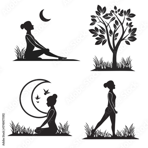 Four black silhouette designs of women meditating and walking outdoors
