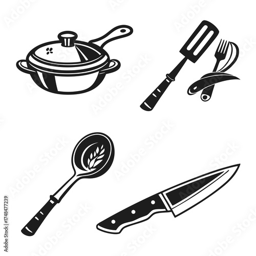 Four black silhouette kitchen utensil vector graphics