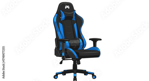 Ergonomic Black and Blue Gaming Chair with High Back and Wheels.