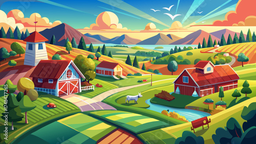 Very beautiful aerial view of American countryside with farm, red barn, and grazing cows, vector-style illustration capturing morning light and peaceful rural life.