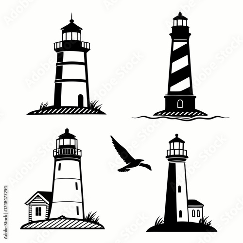 Four black silhouette lighthouse designs with seagull