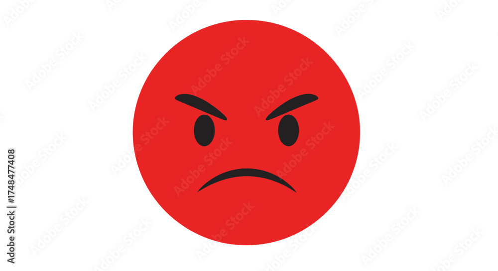 Fototapeta premium Isolated red angry face emoticon with furrowed brows and a frowning mouth.