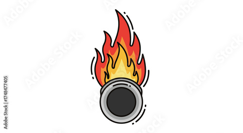 Cartoon Illustration of a Burning Round Object with Flames.