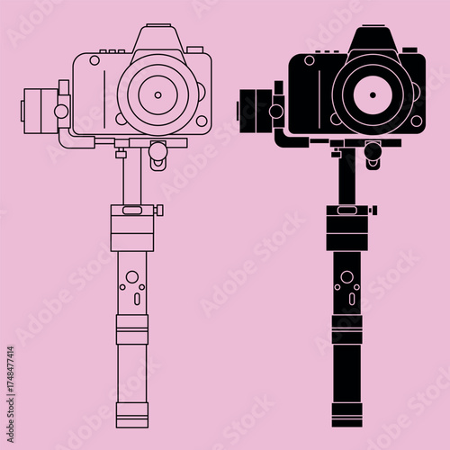 Vector illustration with the image of the stabilizer for the camera, steadicam. In two versions - linear and filled. Easy to change size and color. Suitable for different purposes.