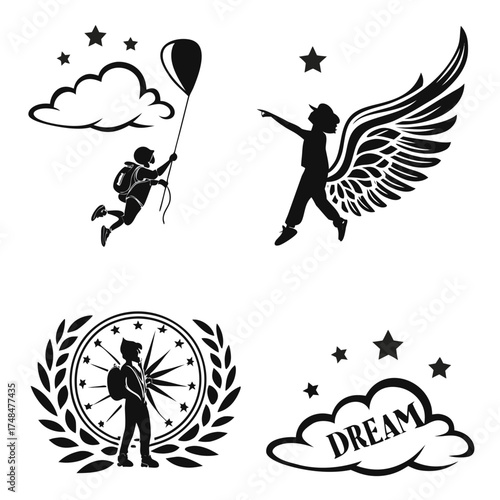Four black silhouette vector designs of children with dreams and adventure