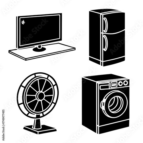 Four black silhouette vector designs of home appliances 1