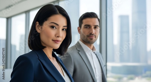 Professional Business Team Standing in Modern Office with City View Representing Leadership Partnership and Corporate Success Concept
