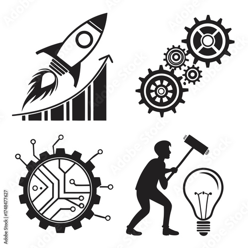 Four black silhouette vector designs of innovation and technology