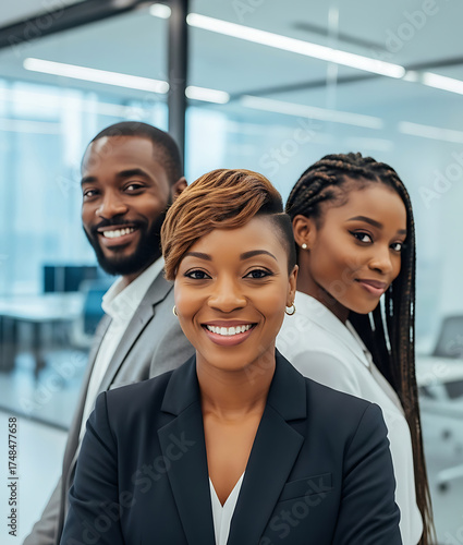 Confident Business Team Smiling in Modern Office Representing Leadership Professionalism and Corporate Success Concept
