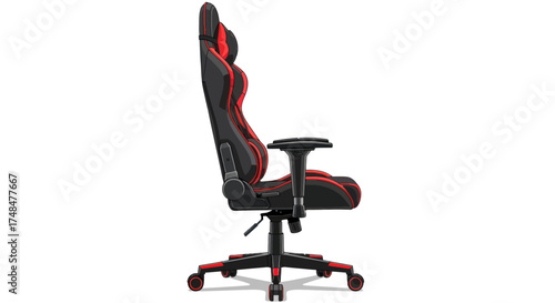 Ergonomic Black and Red Gaming Chair with Adjustable Armrests and Headrest.
