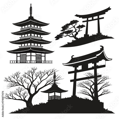 Four black silhouette vector designs of Japanese temples and trees