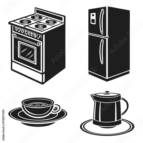 Four black silhouette vector designs of kitchen appliances and tableware