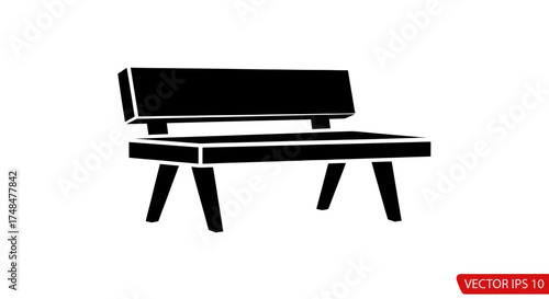 Black Silhouette of a Park Bench with Backrest and Four Legs.