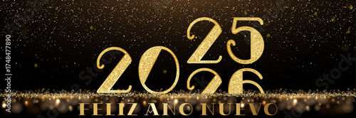 Tarjeta o pancarta de Año Nuevo de 2025 a 2026 en dorado sobre fondo negro con brillo y círculos bokeh dorados.