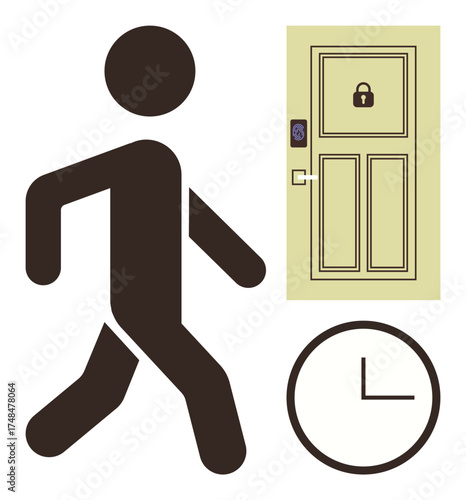 Figure walking beside locked door with keypad and clock, representing security, access control, timing, productivity, punctuality, personal freedom, or restricted entry on simple flat metaphor