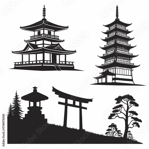 Japanese pagodas torii gate lantern and trees silhouettes