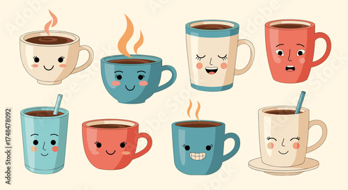 A collection of cute coffee mugs with adorable facial expressions for a delightful beverage experience.