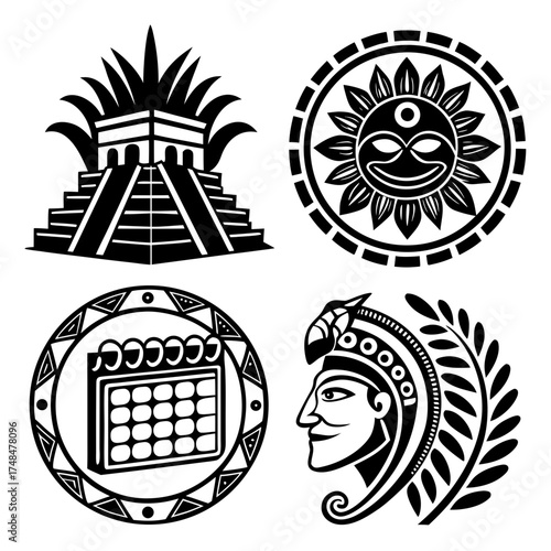 Mayan art black silhouette icons pyramid sun calendar face