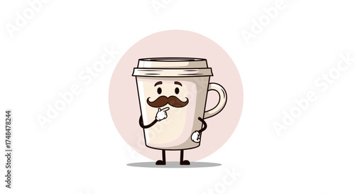 A thoughtful coffee cup with a mustache and a pink circular background.