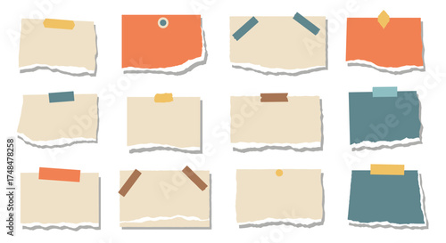 A collection of torn paper notes with colorful tape and thumbtacks.