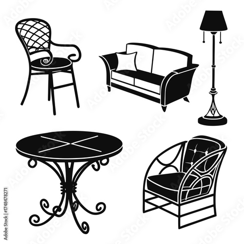 Black silhouette furniture set with ornate details