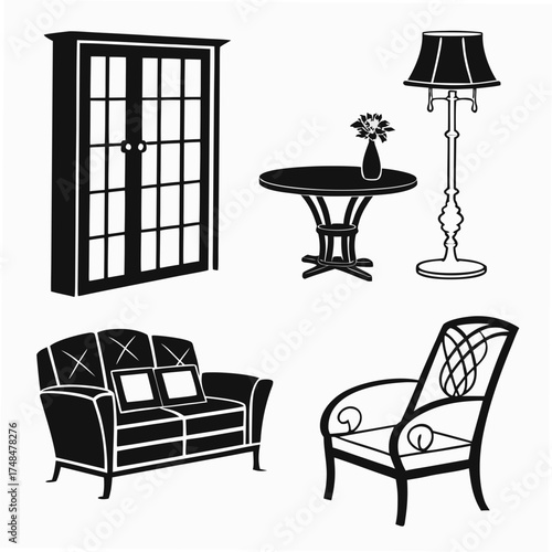 Black silhouette furniture collection on white background 1