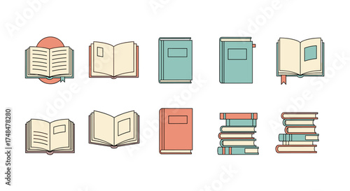 A collection of diverse open and closed books rendered in a flat, illustrative style with clean lines and muted color palettes.