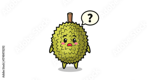 A confused durian fruit with a question mark above its head looking unsure and puzzled.