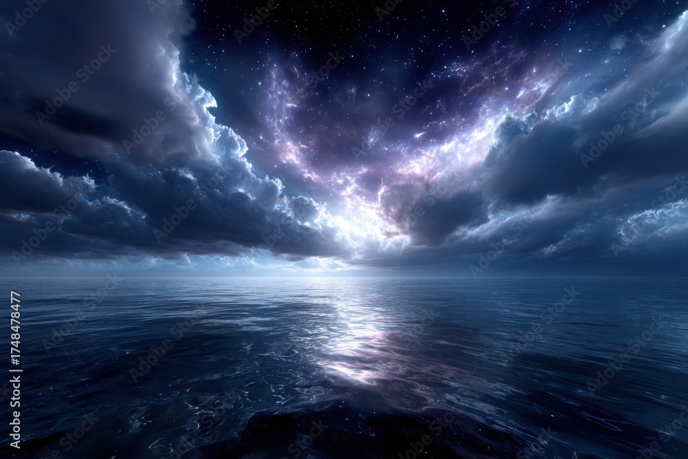 Naklejka premium Majestic clouds illuminated by cosmic light over calm ocean waters at night
