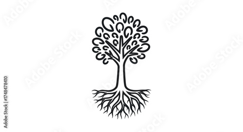Stylized black tree of life illustration with a swirling canopy and visible root system.