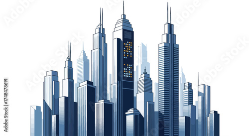 Modern Cityscape with Tall Glass Skyscrapers and Futuristic Architecture.
