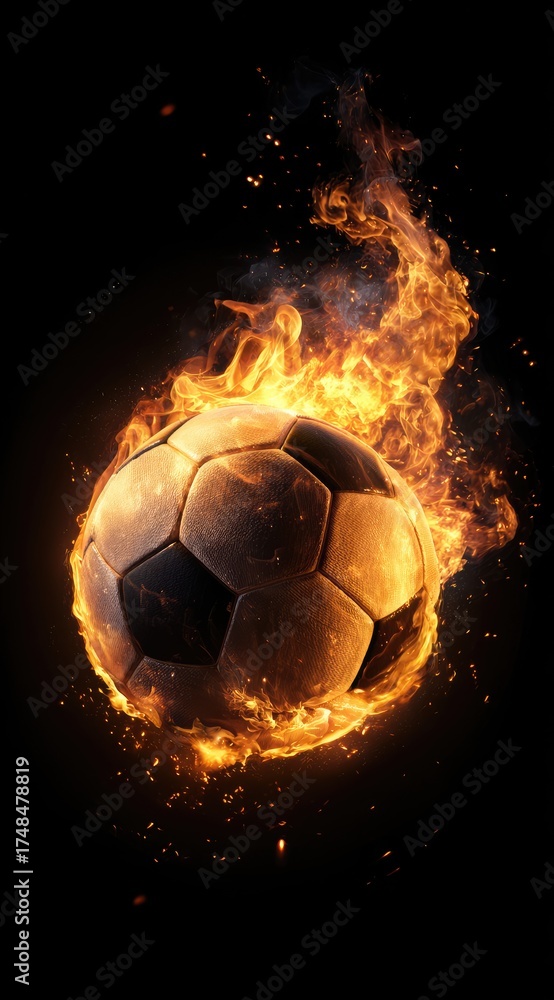 Fototapeta premium A soccer ball engulfed in vibrant, fiery orange and yellow flames against a stark black background, embers and smoke swirling around it