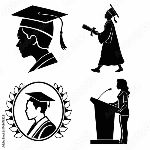 Four black graduation silhouette vector designs gown 1