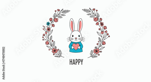 Cute bunny in floral wreath holding heart.