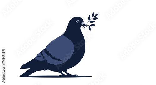 A dark blue pigeon holds a green olive branch in its beak as a symbol of peace.