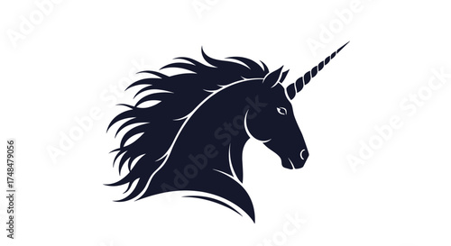 The majestic dark unicorn with a flowing mane stands proud against a white background.