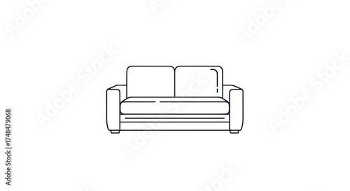 Minimalist black and white line art drawing of a two-seater sofa or loveseat front view.