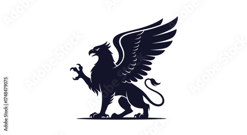 A powerful dark silhouette of a griffin with spread wings and sharp claws.