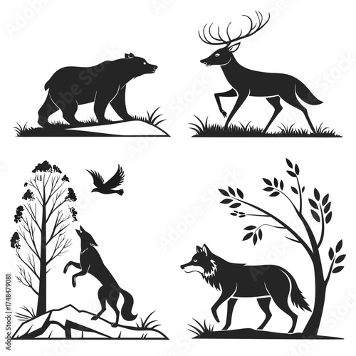 Four black silhouette forest animals in natural settings