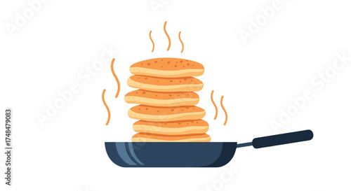 A tall stack of delicious pancakes cooking on a frying pan with steam rising.